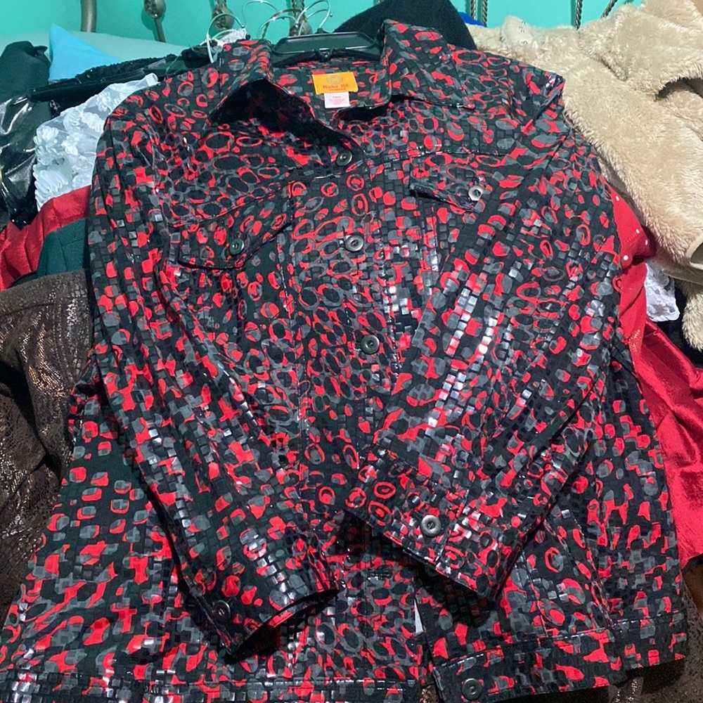 Plus Size, Ruby Rd. Sparkly Jacket, Red Black Gre… - image 1